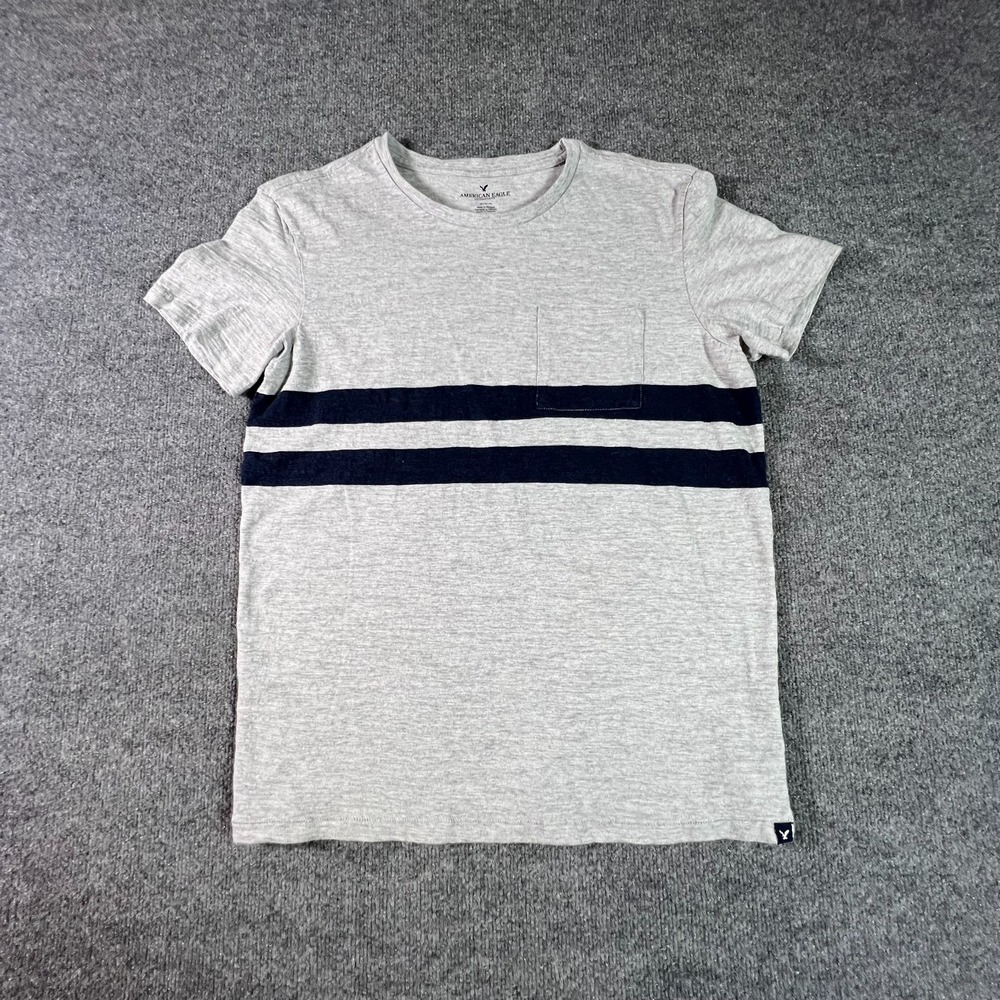 American Eagle T-Shirt Men Medium Gray Striped Cotton Pocket Short Sleeve Preppy
